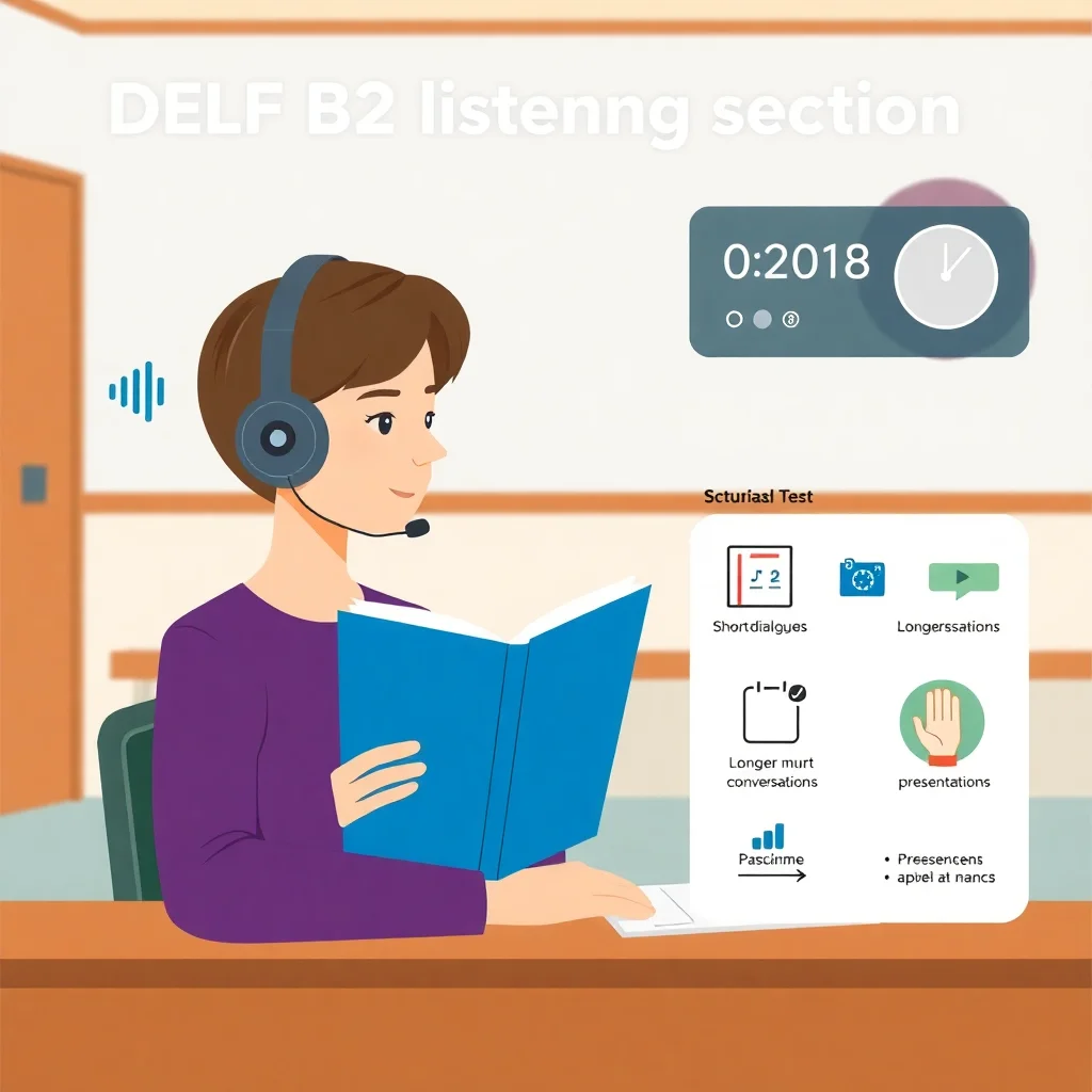 Illustration du format d'écoute du DELF B2 montrant un étudiant avec un casque audio passant l'examen