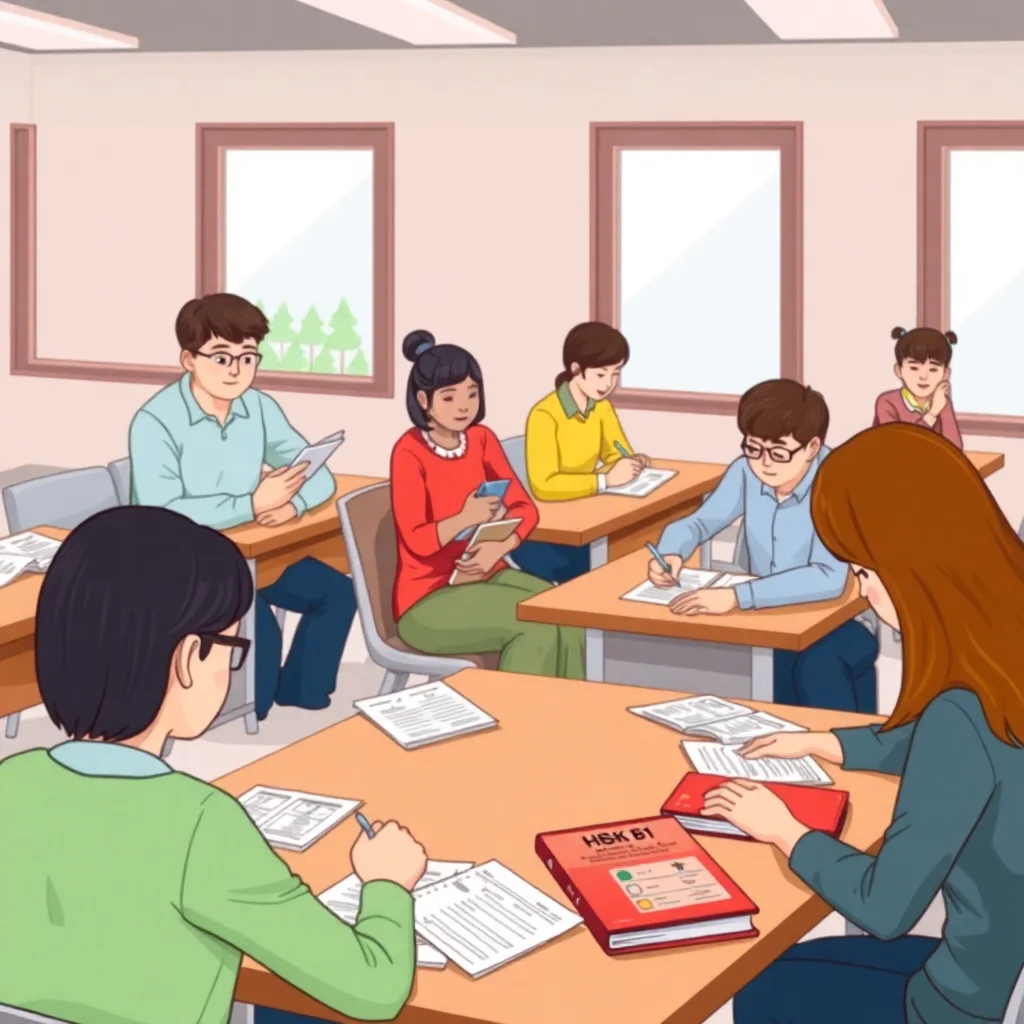 Adult students working on Chinese B1 revision materials in classroom setting