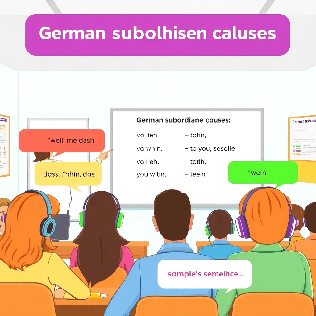 German language classroom with teacher explaining subordinate clauses and conjunctions on whiteboard while students listen with headphones