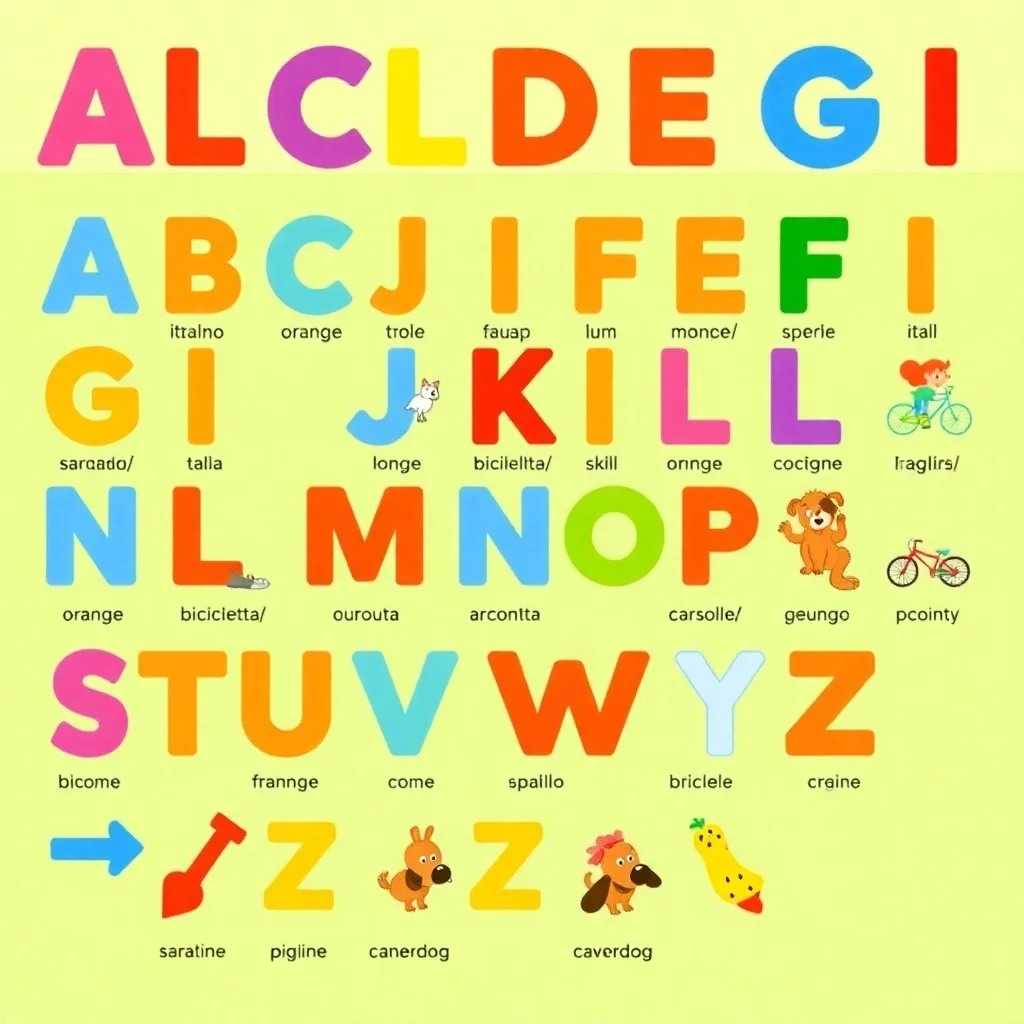 Italian alphabet learning chart with illustrated vocabulary words and pronunciation guides