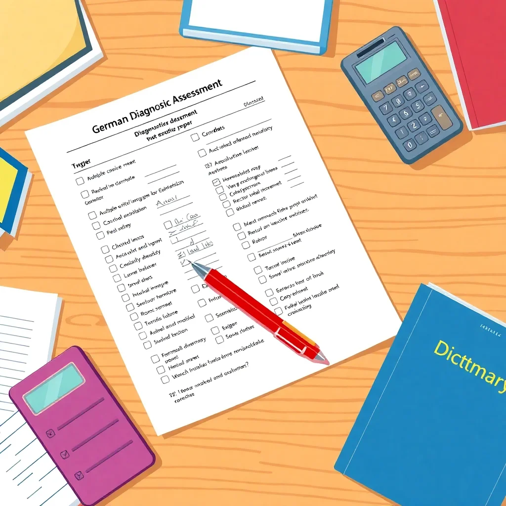 German B1 diagnostic test materials and assessment tools arranged on a desk
