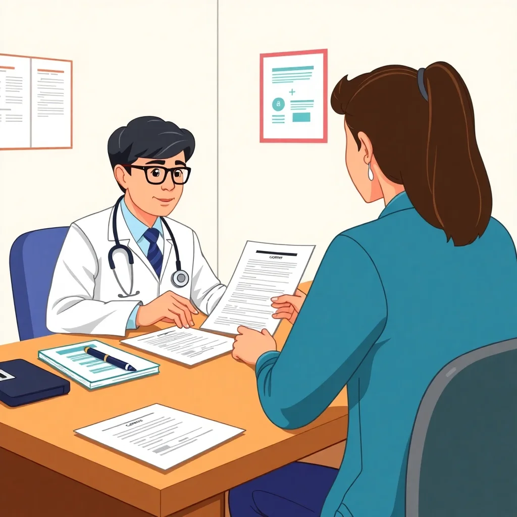 Médecin expliquant un formulaire de consentement à un patient dans un bureau médical