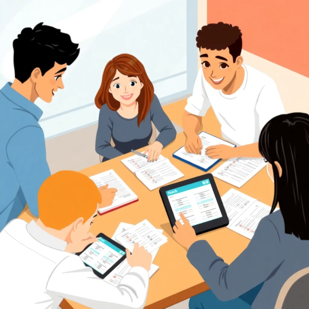 Groupe d'étudiants travaillant ensemble sur des révisions de français B1 avec manuels et tests diagnostiques, environnement d'apprentissage collaboratif