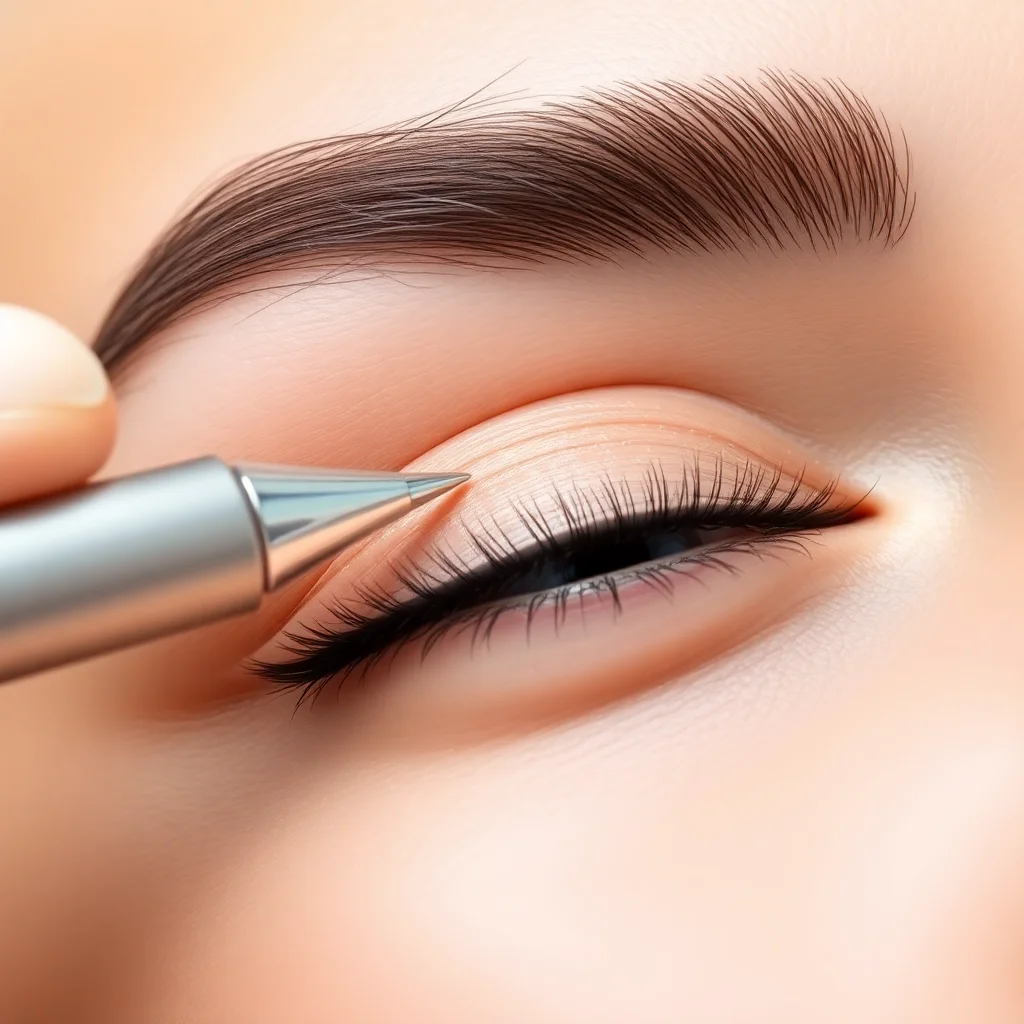 Démonstration en gros plan de la technique de microshading avec un stylo spécialisé créant un effet poudré sur un sourcil