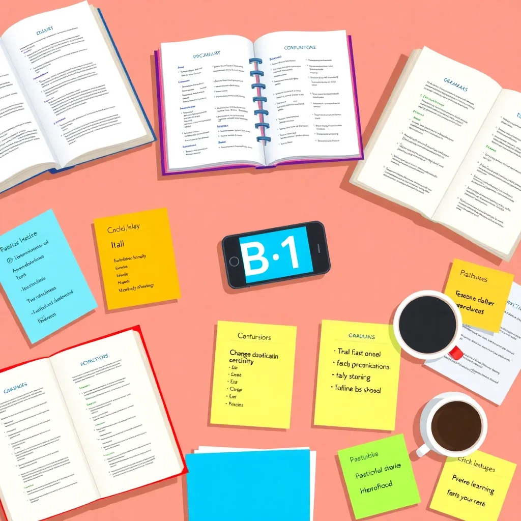 Italian B1 revision materials and study setup on desk