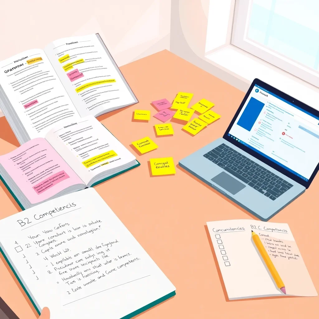 Espace de travail organisé avec matériel de révision français B2