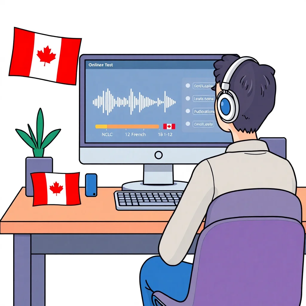 Person taking TCF Canada listening test with NCLC levels displayed