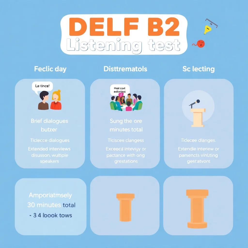 Infographie éducative présentant la structure complète de l'épreuve d'écoute du DELF B2 avec ses trois parties distinctes