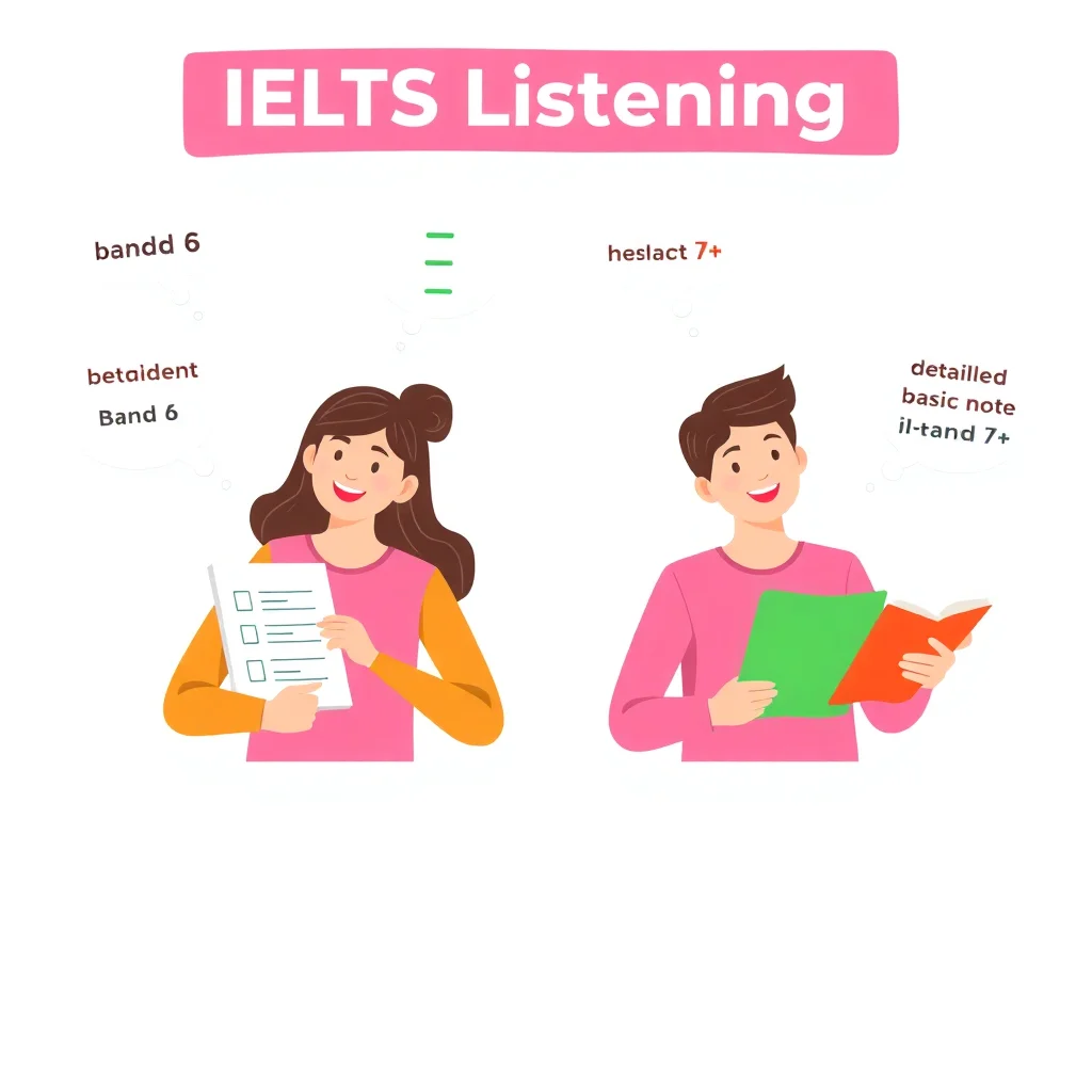 Comparison illustration of Band 6 versus Band 7+ IELTS Listening performance showing student behaviors and answer accuracy