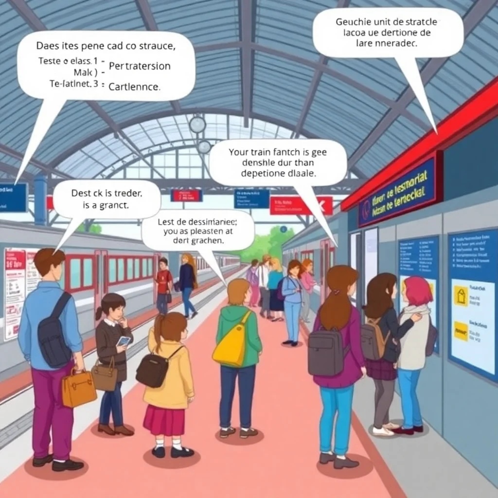 Busy French train station with travelers engaged in typical travel-related conversations and information exchanges