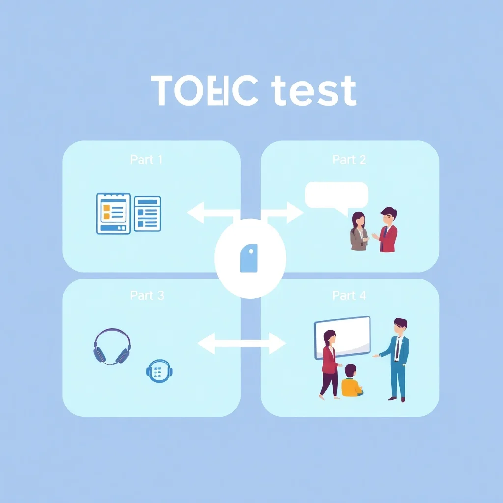 TOEIC Listening test format overview showing the four parts with visual icons