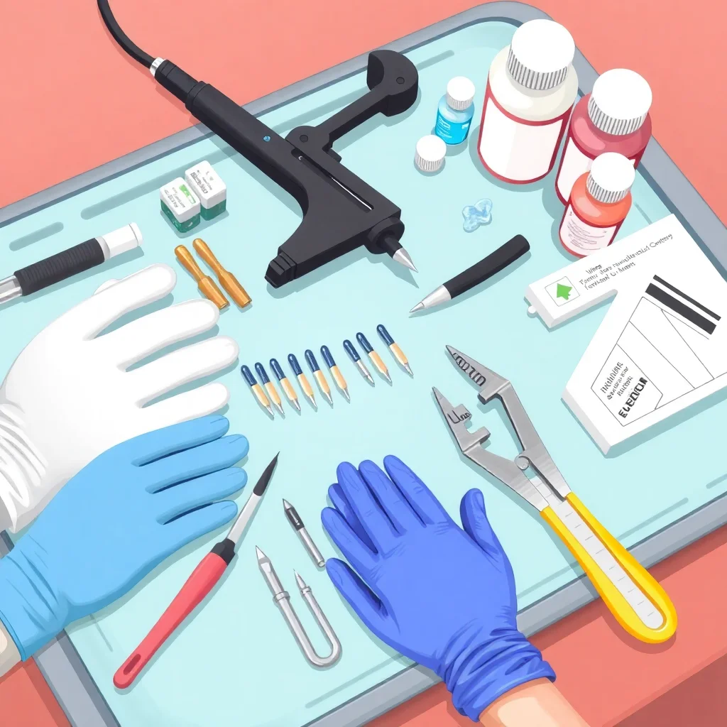 Outils et équipements professionnels pour maquillage permanent disposés sur plateau stérile
