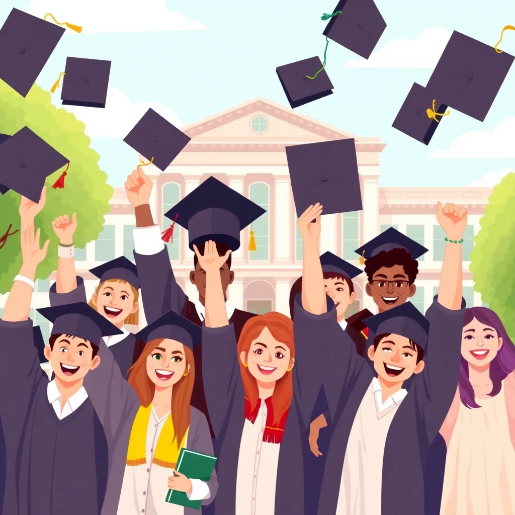 Graduates celebrating with diplomas at graduation ceremony