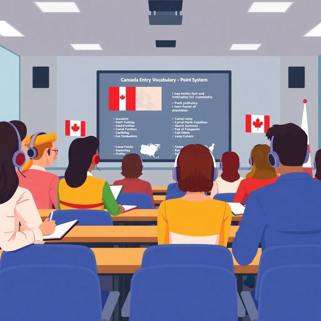 Immigrants in a listening comprehension class learning about Canada's Express Entry point system