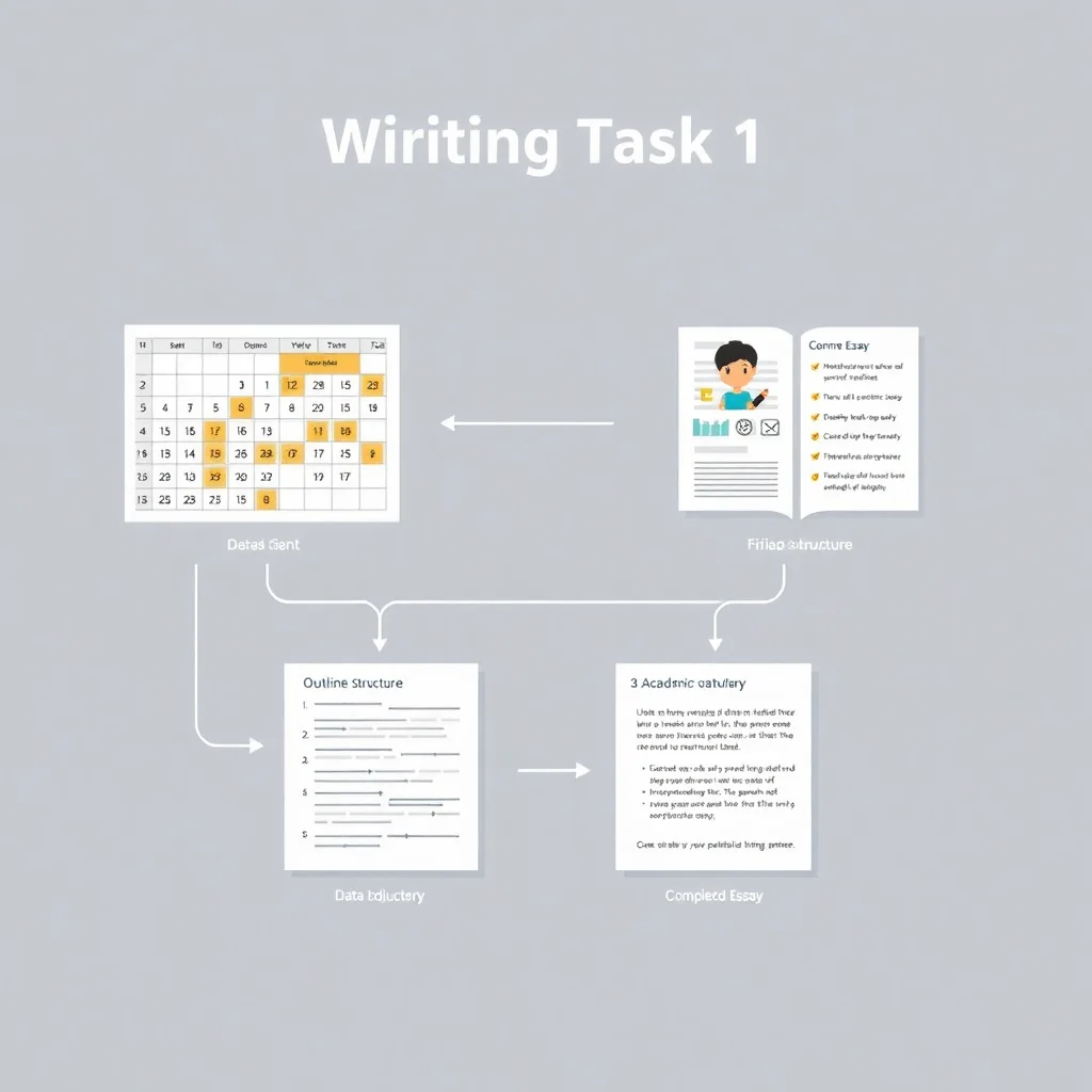 Step-by-step visual guide showing the complete process of analyzing and writing about charts and tables in IELTS Writing Task 1