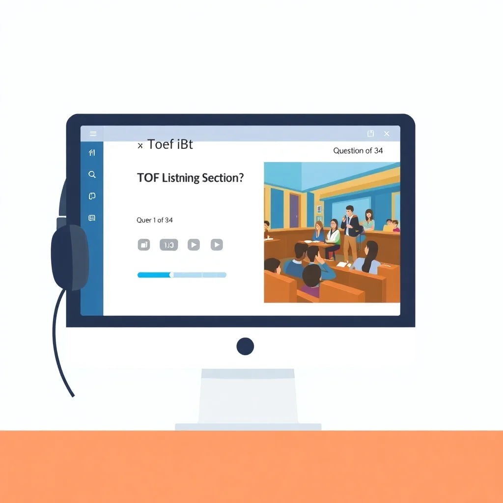 TOEFL iBT listening section computer interface with headphones and note-taking area