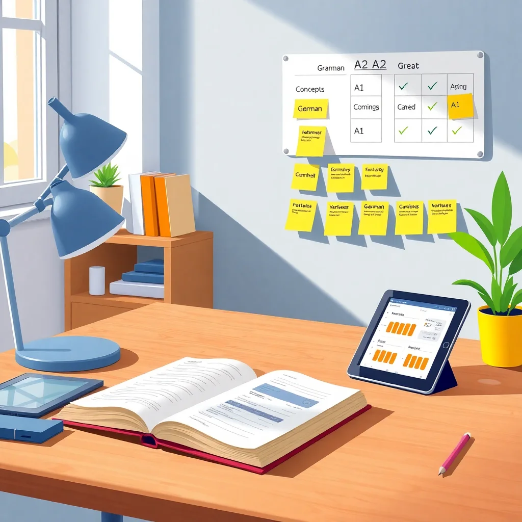 German A2 learning objectives setup with grammar books, digital tools and progress tracking materials