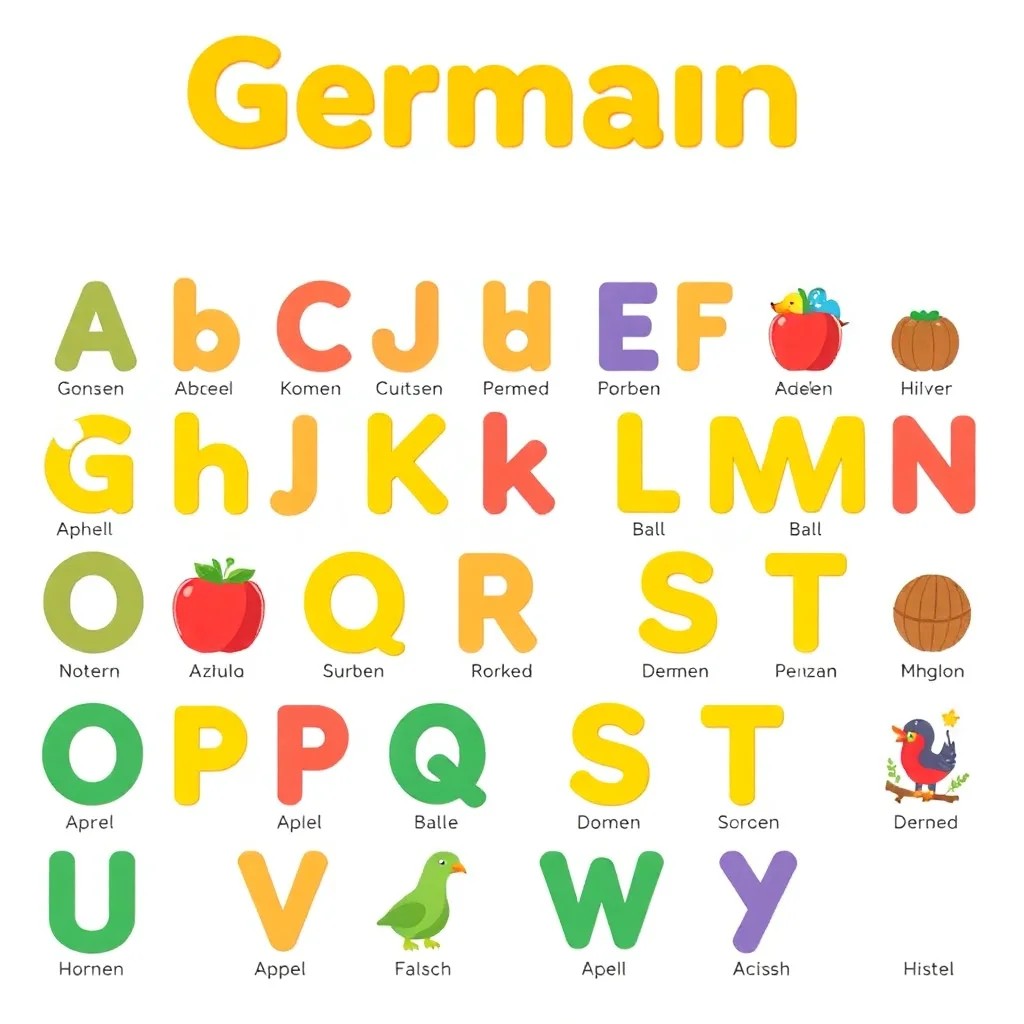 German alphabet chart with letters A-Z, each paired with German vocabulary words and visual icons for language learning