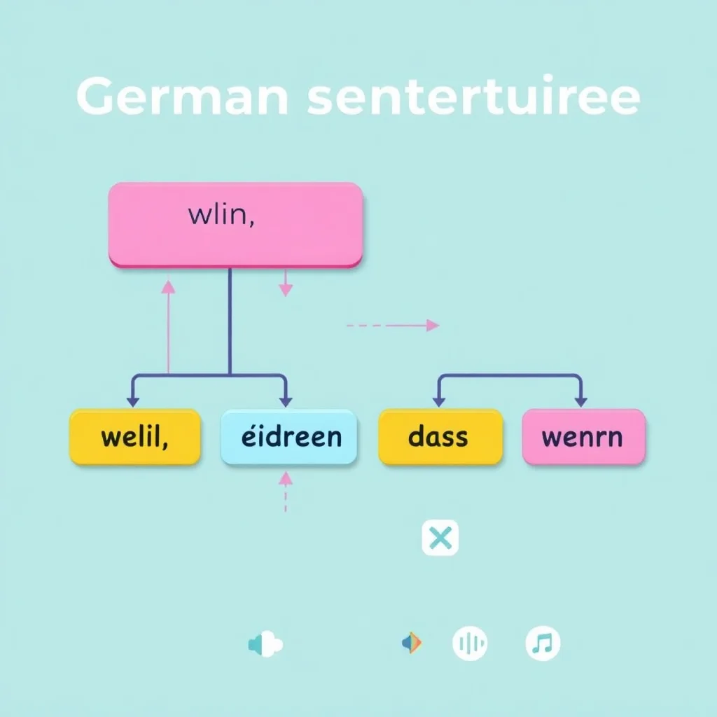 Visual diagram showing German subordinate clause structure with conjunctions and listening symbols for language learning
