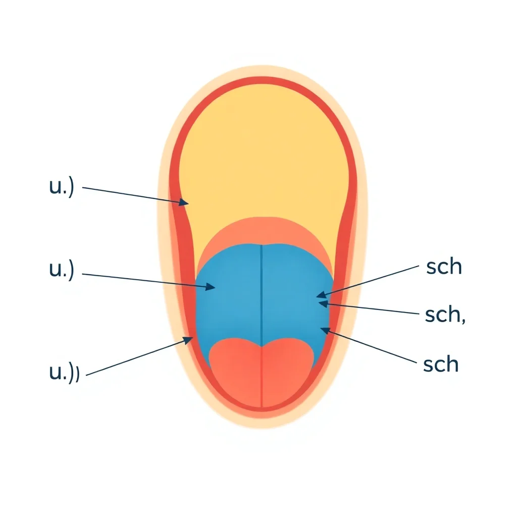 Anatomical diagram demonstrating mouth and tongue positions for correct German pronunciation and phonetics