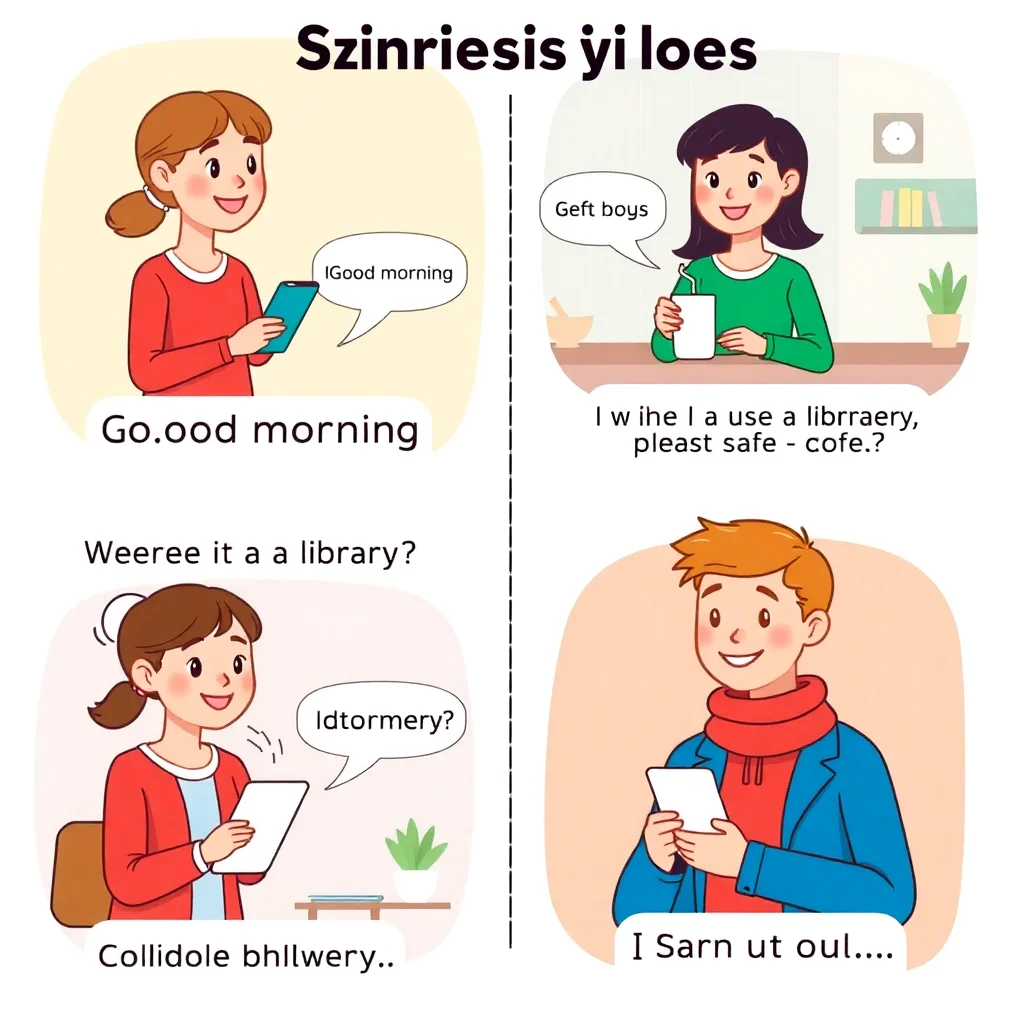 Daily life scenarios showing practical English conversations and basic phrases for beginners