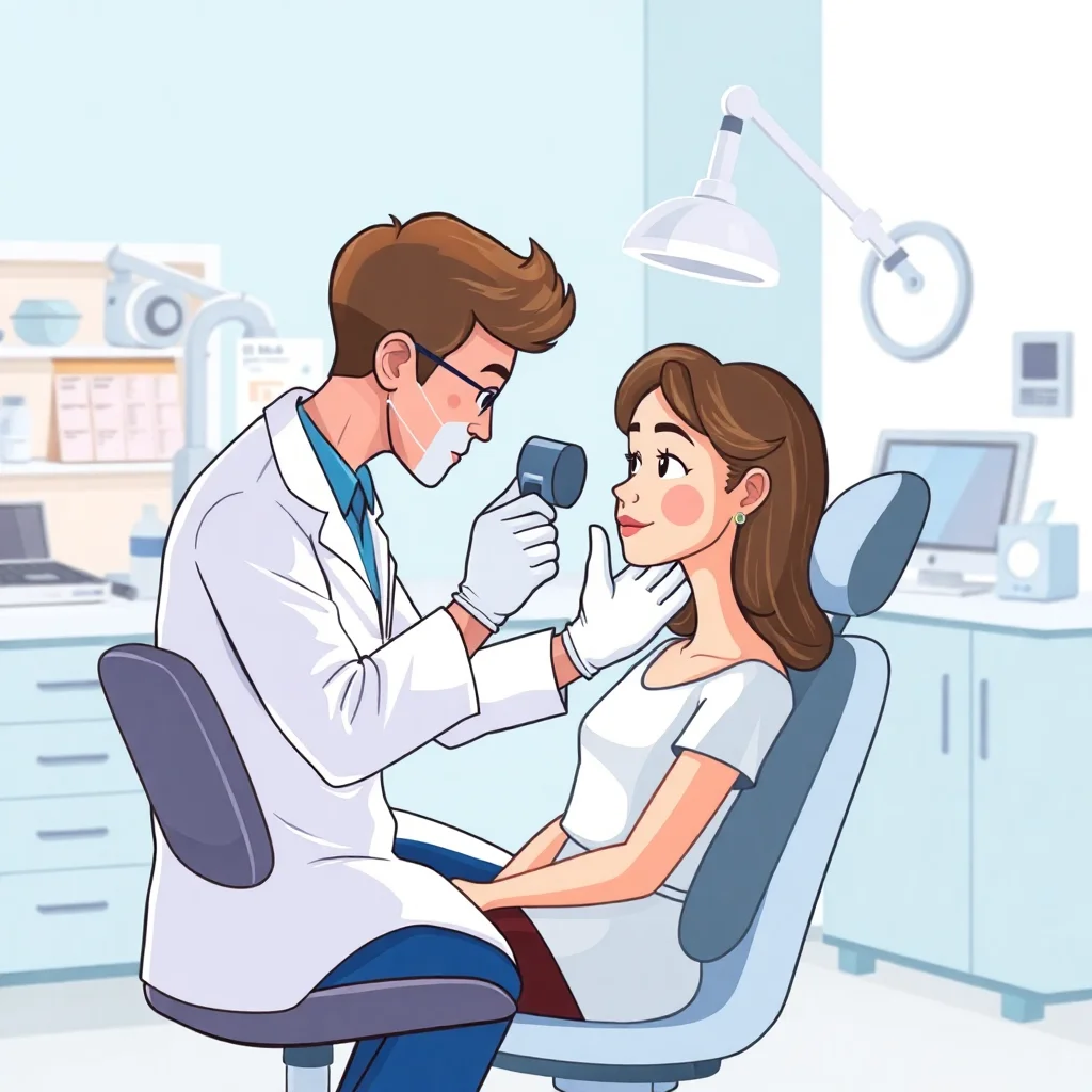 Consultation médicale de suivi Botox - médecin examinant le visage d'un patient avec une lampe loupe dans une clinique moderne