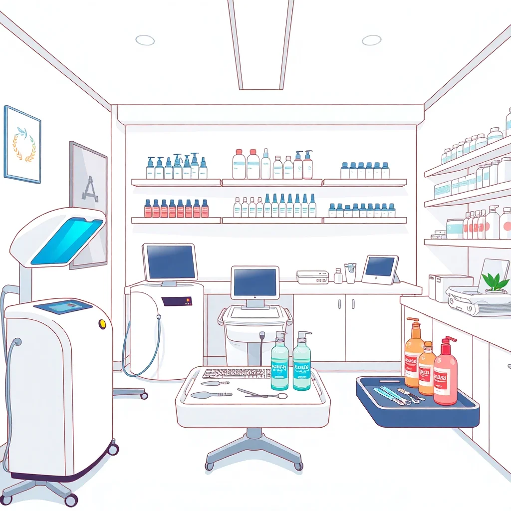 Vue d'une clinique d'esthétique médicale professionnelle avec équipements et produits organisés sur des étagères et plateaux médicaux